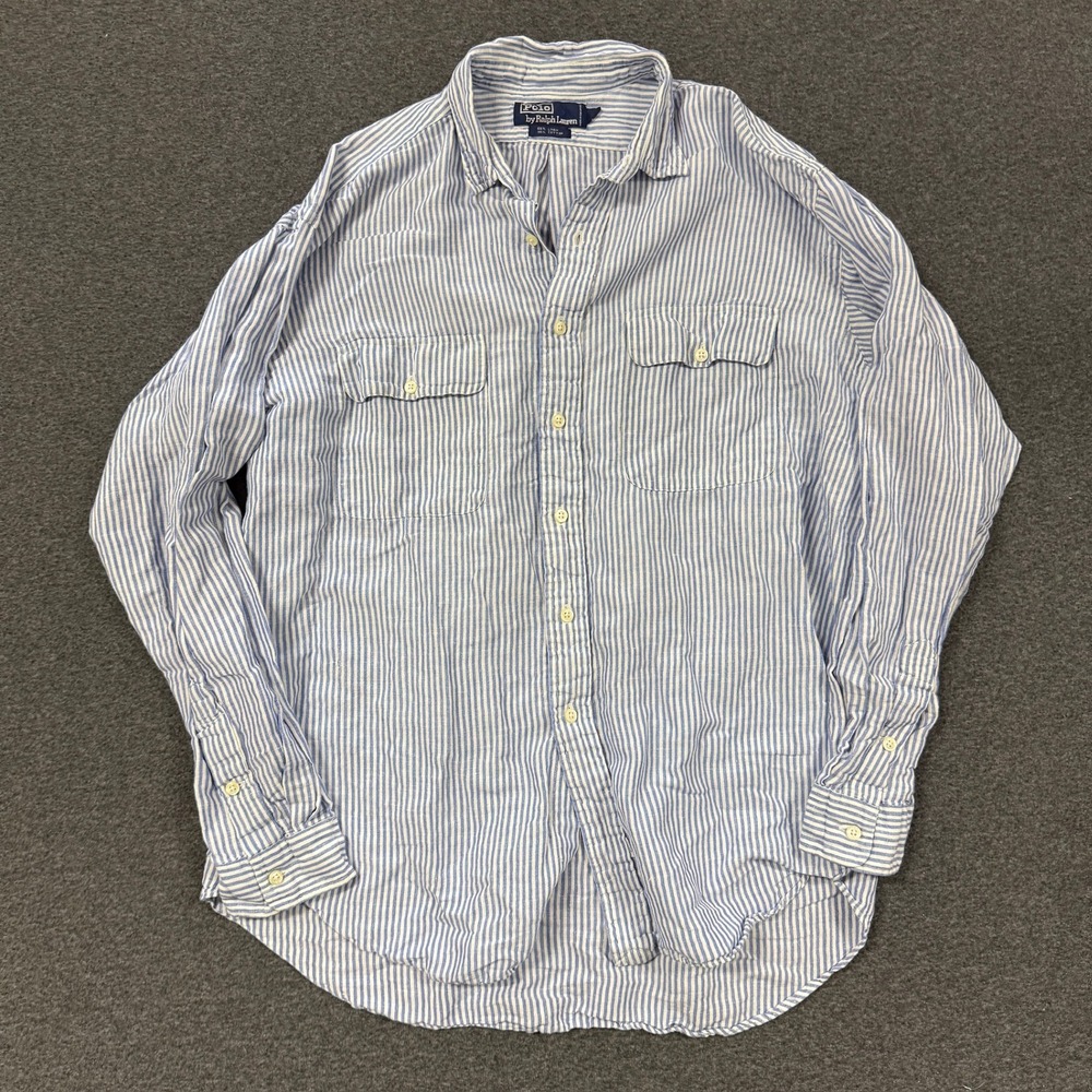 Vintage Polo Ralph Lauren Button Down Mens Large Blue Good Linen Blend Striped